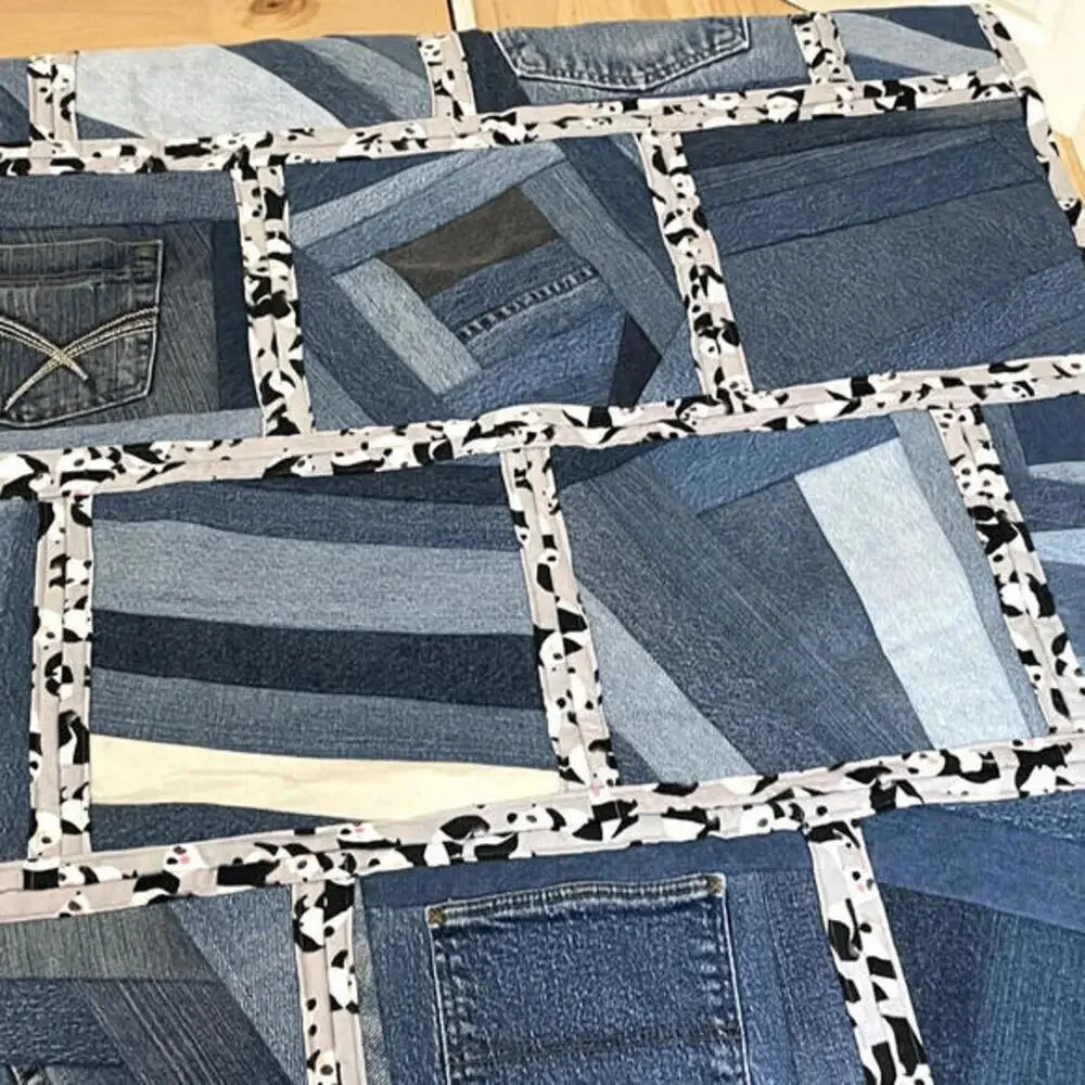 Handmade Denim‎ Quilt Panda Print Flannel on Reverse Heavy Blanket 46 x 42